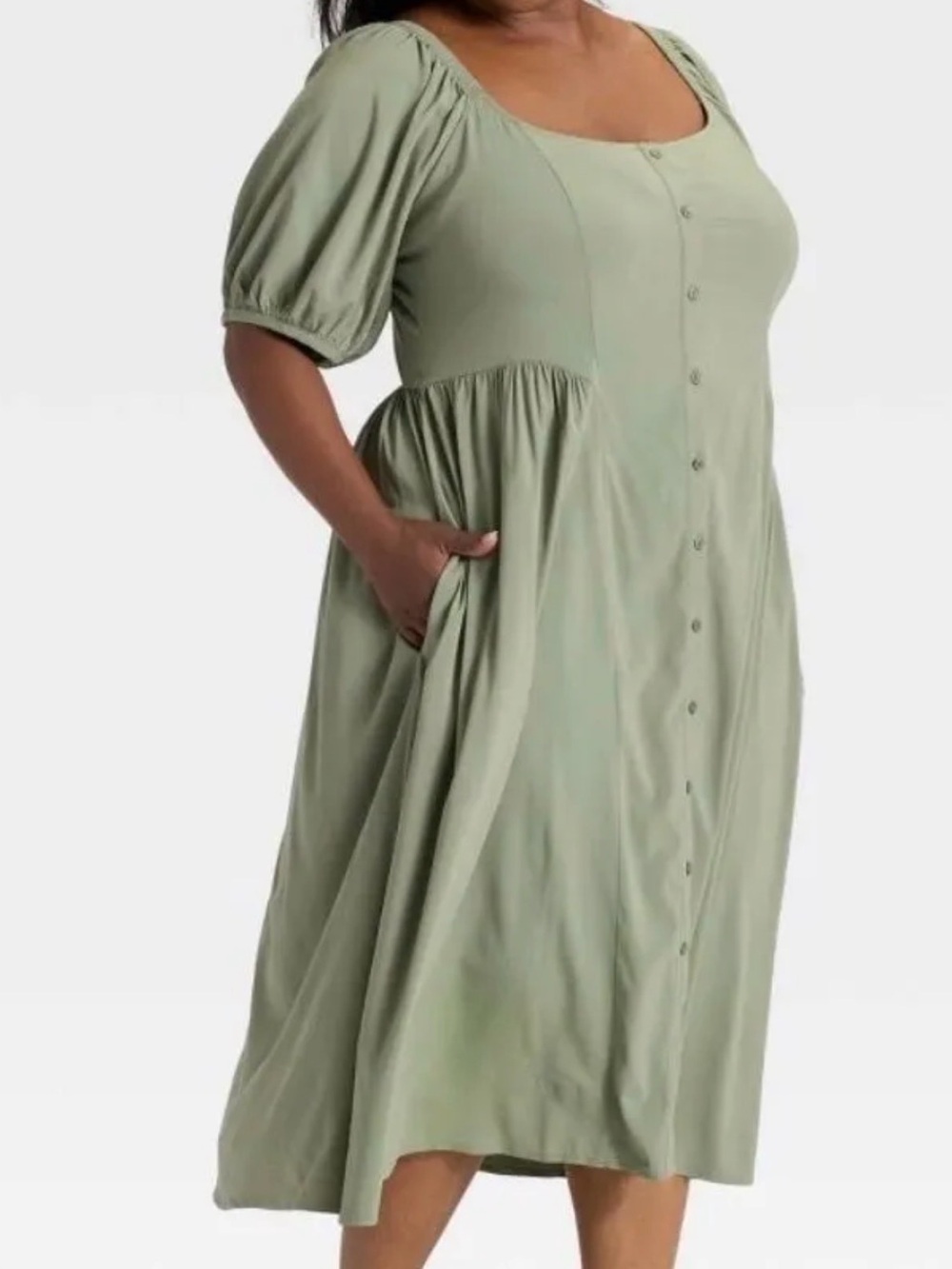 Women’s Balloon Short Sleeve MIDI Button-up Dress - Ava & Viv™ Olive Green 4X